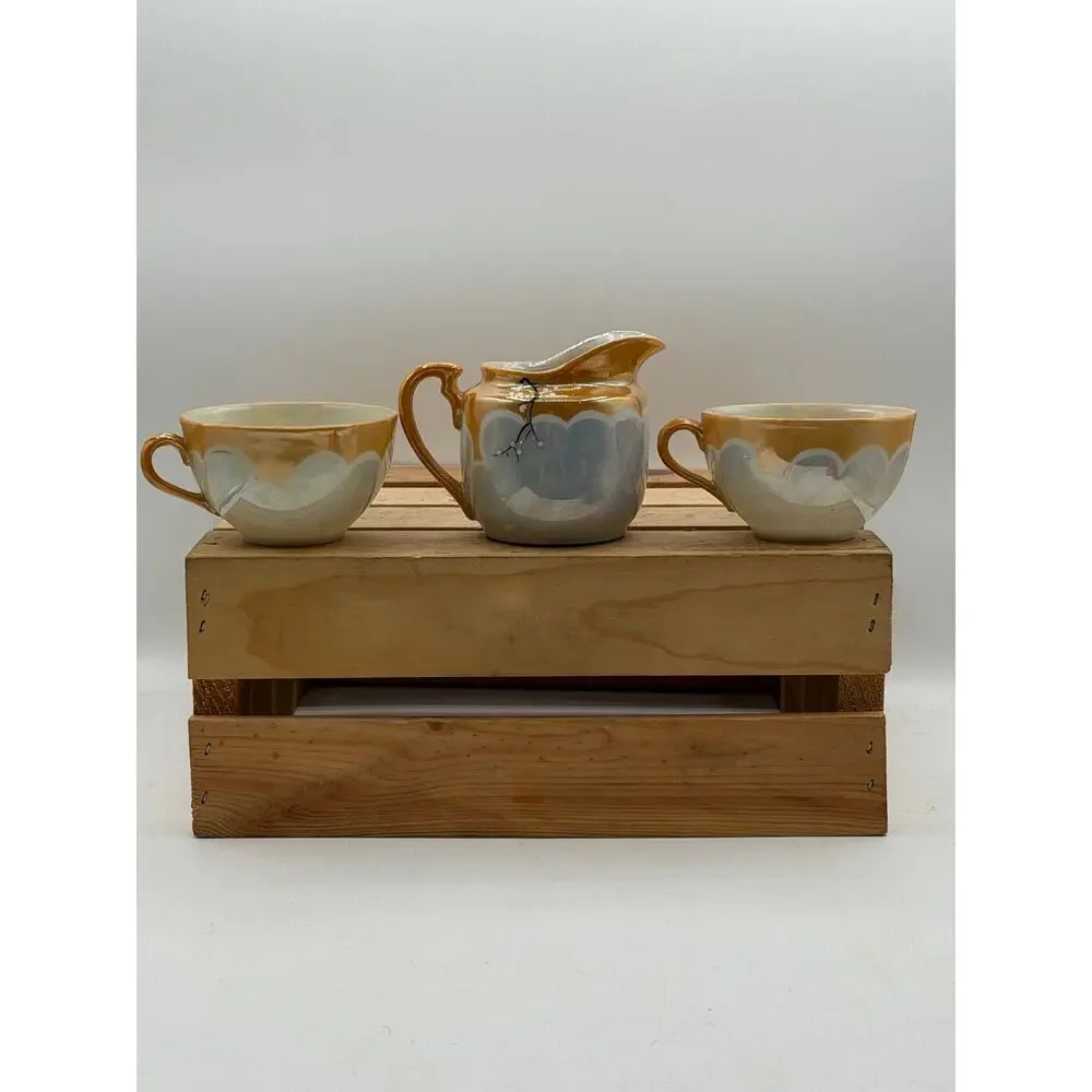 Vintage Hand-Painted Japanese Iridescent Tea Set - Pitcher and Two Cups